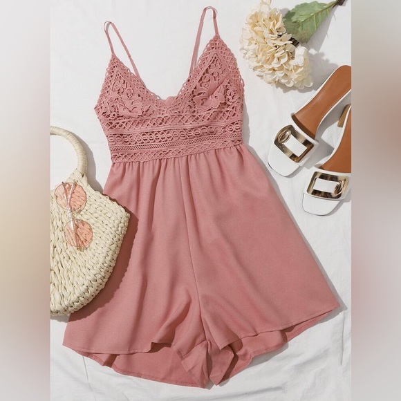 SHEIN Pants - Contrast Crochet Lace Self-Tie Cami Romper